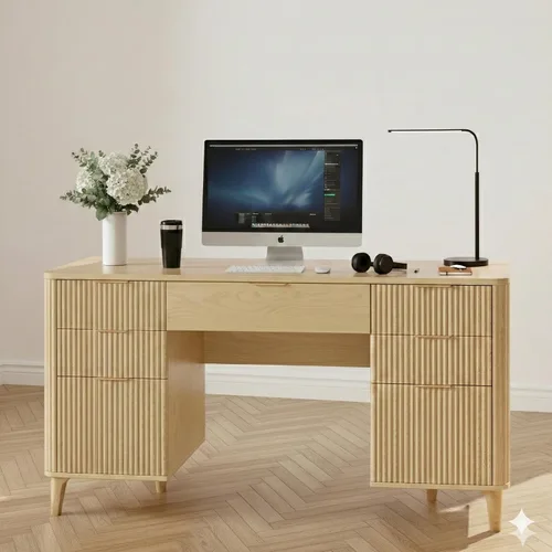 Miniatura 6 de Escritorio de madera con cajones, escritorio ejecutivo acanalado de 55 pulgadas con armario de almacenamiento, escritorio de madera para oficina