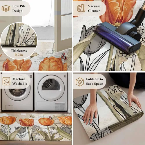 Miniatura 6 de 2x3 Area Rugs, Orange Flower Non Slip Area Rugs for Living Room, Bedroom, Barhroom, Entryway, Watercolor Retro Tulip Floral Butterfly Soft Kitchen