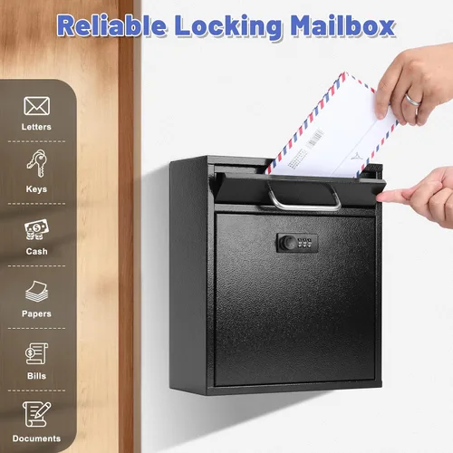 Miniatura 6 de KYODOLED Buzón de pared para exterior, cerradura de combinación, grande, negro Sturdy Steel, Anti-theft Large Drop Box, Ideal for Home, Office