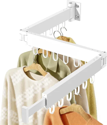 JAUREE Tendedero para ropa montado en la pared, ahorro de espacio, plegable, plegable, retráctil, con 18 ganchos, interior/exterior, color blanco
