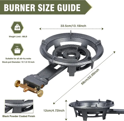 Miniatura 3 de Bestfire Estufa de propano individual de 13 pulgadas, 90,000 BTU, quemador portátil de hierro fundido para exteriores con regulador ajustable