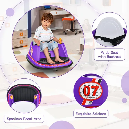 Miniatura 7 de HONEY JOY Coche de parachoques para niños pequeños de 12 V, funciona con batería, joysticks duales, luz LED intermitente y giro de 360 grados, Morado