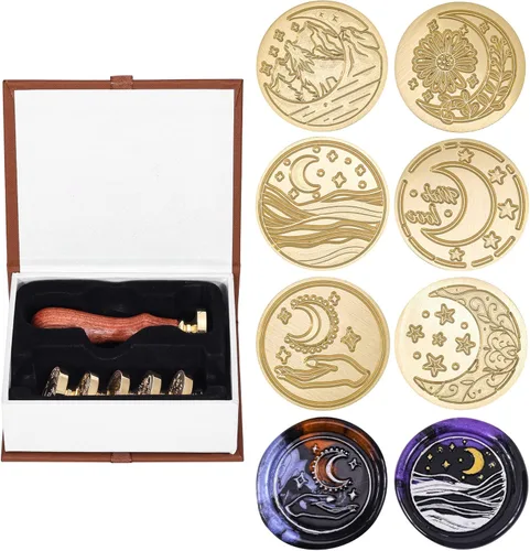 Miniatura 16 de Juego de sellos de cera Yoption, 6 sellos de cera de cobre + 1 kit de sellos de cera de madera vintage retro clásico, kit de sello de cera