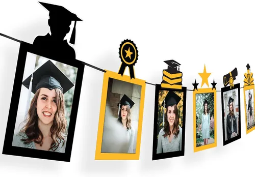 Decoraciones de graduación 2026 | Cartel de fotos de graduación dorado y negro - 5 x 7, 10 pies | Cartel de graduación para 2026 | Decoraciones de