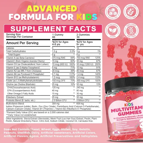 Miniatura 2 de Gomitas multivitamínicas metiladas para niños con Omega 3, multivitamínico para niños y adolescentes 4+ con L de metilfolato y B12, calcio