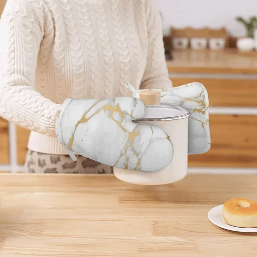 Miniatura 7 de Manoplas de horno y agarradores de ollas de mármol blanco y oro de silicona, accesorios de cocina de 4 piezas, guantes largos resistentes al calor