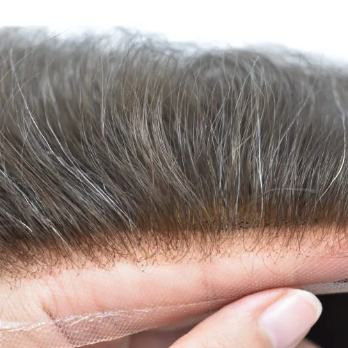 Miniatura 30 de Toupee para hombres, sistema de reemplazo de cabello humano Remy, nudos blanqueados, encaje frontal, piel fina, para hombre, color gris, pelucas