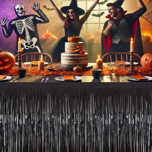 Miniatura 6 de allgala Faldones de mesa de oropel negro, paquete de 2 faldas de mesa de 29 x 108 pulgadas con flecos metálicos para fiestas, eventos, desfiles
