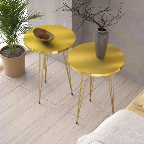 Miniatura 10 de Juego de 2 mesas auxiliares redondas de madera para sofá para espacios pequeños, mesita de noche con patas de metal para dormitorio, sala de estar