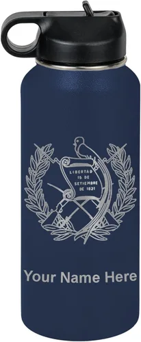 Miniatura 56 de LaserGram Botella de agua personalizada, bandera de Guatemala, acero inoxidable de doble pared aislada al vacío con popote superior, regalo grabado