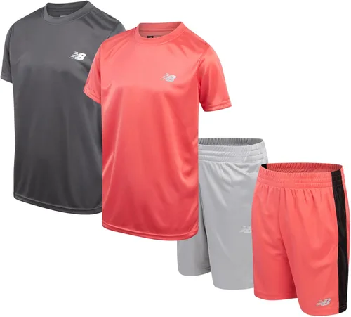 New Balance Conjunto de pantalones cortos activos para niños, camiseta de manga corta de 4 piezas y pantalones cortos de gimnasio (8-20)