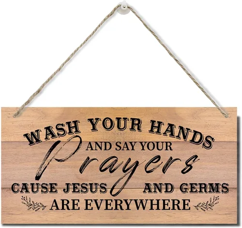 Miniatura 14 de Lave Sus Manos Y Diga Sus Oraciones Letrero, Letrero De Placa De Madera Impresa Para Colgar En La Pared, Letrero De Lavarse Las Manos Para Estilo 04
