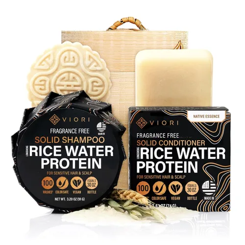 VIORI Native Essence barra sin aroma de champú, acondicionador y soporte de bambú, hecha a mano, agua de arroz y agentes naturales, sin sulfatos,