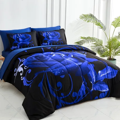 Miniatura 3 de WONGS BEDDING - Juego de edredón azul tamaño Queen de 7 piezas, juego de ropa de cama en una bolsa con patrón de rosas, juegos de ropa de cama
