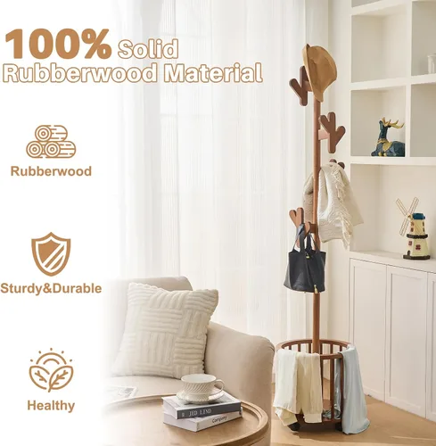 Miniatura 6 de Uniclinens Perchero de madera independiente – Perchero independiente resistente, perchero de madera con 6 ganchos, aspecto creativo de rama de árbol