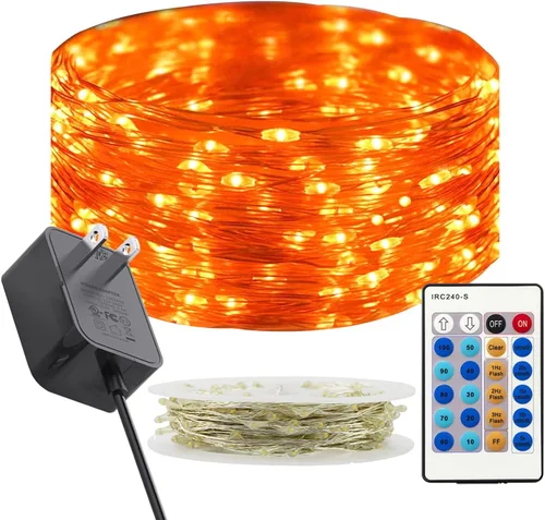 RUICHEN Guirnalda de luces regulables enchufables de 33 pies, 100 luces LED de alambre plateado con control remoto, color naranja