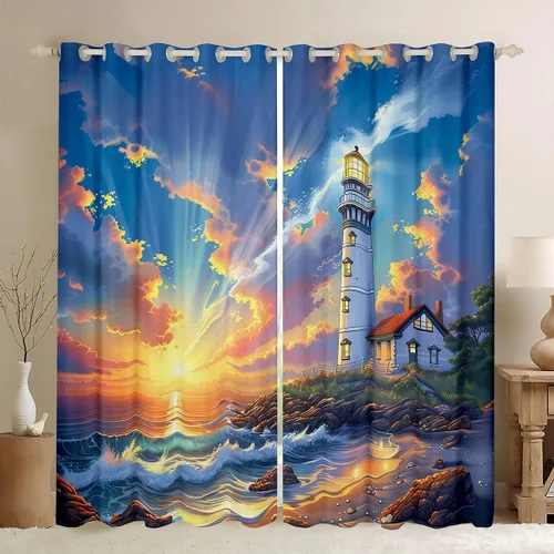 Miniatura 14 de Erosebridal Nautical Lighthouse Blackout Curtains 30-50% Navigation Theme Curtains for Women Men Watercolor Seascape Window Treatments Coastal Night