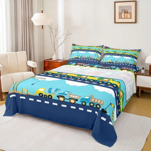 Miniatura 23 de Erosebridal Juego de sábanas de automóvil de dibujos animados para niños, juego de ropa de cama de camiones, tamaño individual, sábana bajera