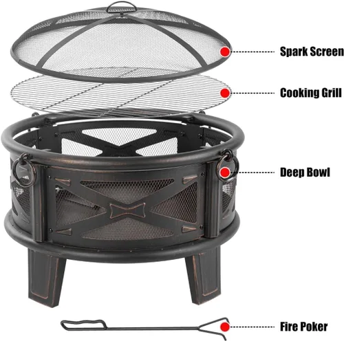 Miniatura 3 de Breezz Fogata de leña de 26 pulgadas con parrilla de cocina y pantalla de chispas, hoguera redonda de metal para exteriores, patio, fiesta