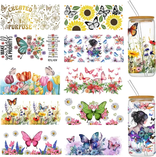 Envolturas de vasos UV DTF para vasos de vidrio de 16 onzas, 10 hojas de transferencias frotables para manualidades, calcomanías adhesivas de