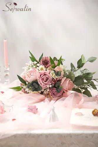 Miniatura 4 de Serwalin Ramos de boda de 9.8 pulgadas para novia y dama de honor, peonías rosa empolvado, ramos de flores de novia para boda, ramo de lanzamiento