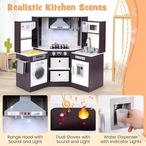 Miniatura 2 de Costzon Cocina de juego de esquina, juego de cocina de madera para niños pequeños con luces y sonidos, sistema de circulación de agua, lavadora