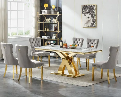 Miniatura 44 de Juego de mesa de comedor de 7 piezas con sillas, mesa de comedor de mármol sintético y sillas beige para 6, juego de mesa de comedor de oro blanco