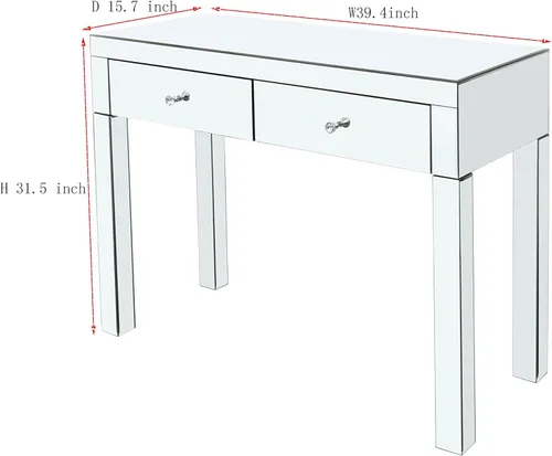 Miniatura 2 de Moderna mesa de consola plateada con espejo con 2 cajones de almacenamiento, escritorio rectangular de tocador, mesa de tocador de maquillaje