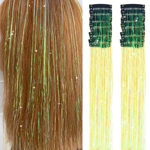 Miniatura 7 de Paquete de 12 extensiones de cabello de oropel con clip, paquete de 12 unidades, 20 pulgadas, extensiones de cabello de oropel con purpurina, negro#