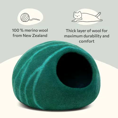 Miniatura 3 de MEOWFIA Cat Cave - Cama de fieltro prémium para gatos de interior, hecha a mano, 100% lana merina, gato (grande, esmeralda)