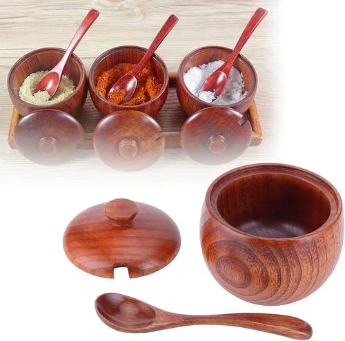 Miniatura 4 de Olla de especias de madera, bodega de sal de madera natural con tapa y cuchara, contenedor de azúcar, tarro de especias vintage, recipiente