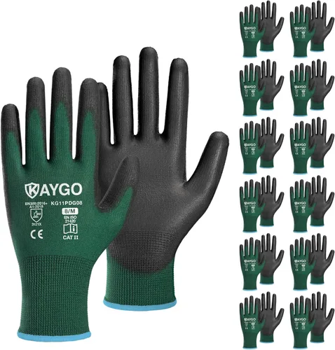Miniatura 96 de KAYGO KG11PB - Guantes de seguridad con revestimiento delgado de poliuretano, tejido sin costuras, agarre suave en palma y dedos, para trabajo Verde