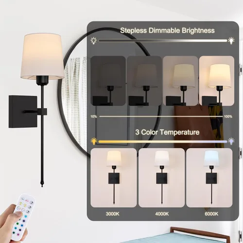 Miniatura 6 de Juego de 2 apliques de pared a pilas, luces de pared recargables inalámbricas negras con bombillas RGB recargables regulables, lámpara de pared
