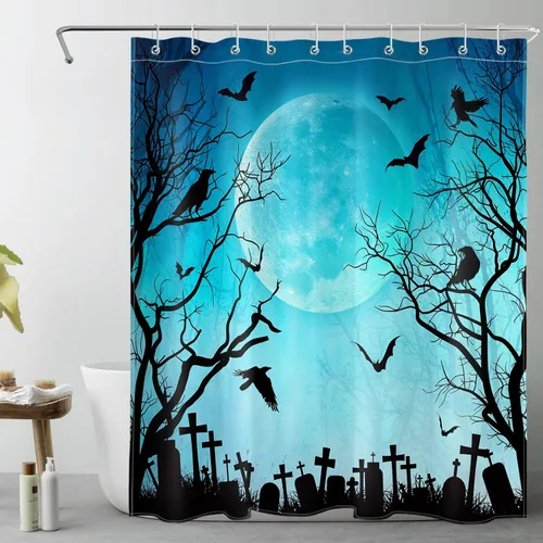 Miniatura 18 de Cortina de ducha de Halloween, cuervo negro, murciélago y árbol muerto en un bosque brumoso espeluznante con ganchos, cortina de baño de noche