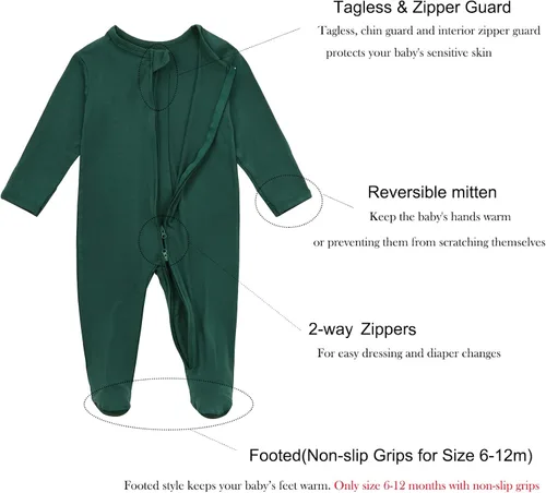 Miniatura 4 de Aablexema Pijama con cremallera para bebé, rayón de bambú, 3 piezas, unisex, con manopla, manga larga, pies