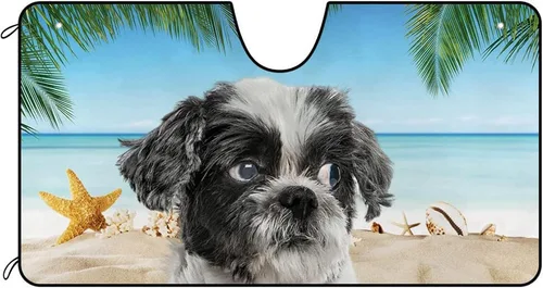 Miniatura 11 de Parasol para parabrisas delantero de automóvil con texto en inglés "A Happy Young Shih Tzu Dog Puppy in the Beach", decoración de verano, parasol