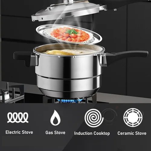 Miniatura 4 de Olla a presión de acero inoxidable de 80 Kpa, gran capacidad, olla a presión con estante de vapor compatible con cocina de gas y inducción (6L)