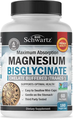 Suplemento quelado de bisglicinato de magnesio – Suplemento de magnesio de alta absorción para soporte muscular, óseo y articular – Sin OMG, sin
