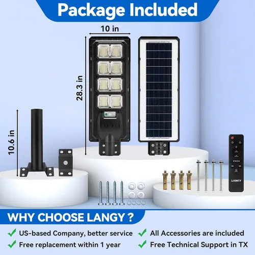 Miniatura 8 de LANGY 2PACK Luces solares de calle para exteriores 200000 lúmenes con control remoto, sensor de movimiento de atardecer a amanecer, lámpara solar
