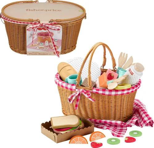 Fisher-Price Cesta de picnic de juguete de simulación de madera, juego de comida de madera de 31 piezas para niños preescolares a partir de 3 años