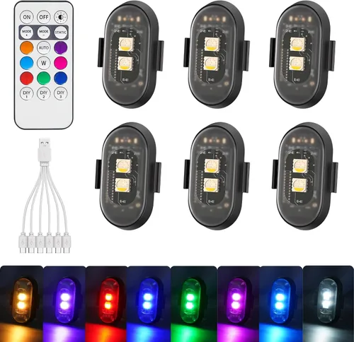 6 luces estroboscópicas LED inalámbricas con control remoto, 8 colores recargables, luces LED anticolisión, luces de advertencia de emergencia para