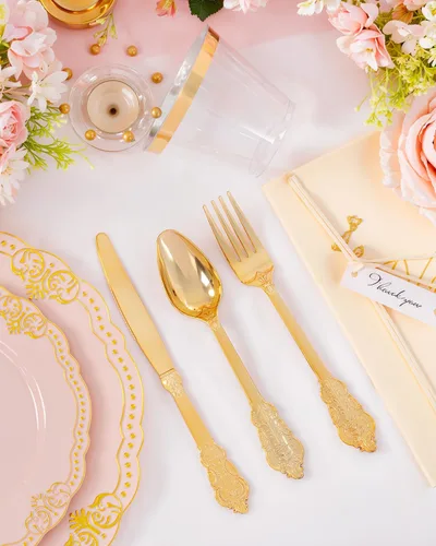Miniatura 3 de Ciaell 350 platos de plástico rosa, platos desechables de color rosa y dorado, incluyen 50 platos desechables, 150 cubiertos resistentes, 50 tazas