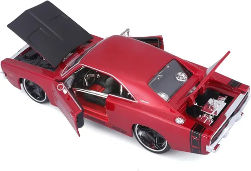 Miniatura 6 de 1969 Dodge Charger R/T Rojo Metálico con Capucha Negra y Rayas Negras Classic Muscle 1/25 Modelo de Auto Fundido a Presión por Maisto