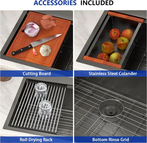Miniatura 4 de Dcolora Fregadero de Cocina Negro de 25 Pulgadas Drop In, Fregadero de Estación de Trabajo de Acero Inoxidable Negro Nano-PVD de Un Solo Tazón