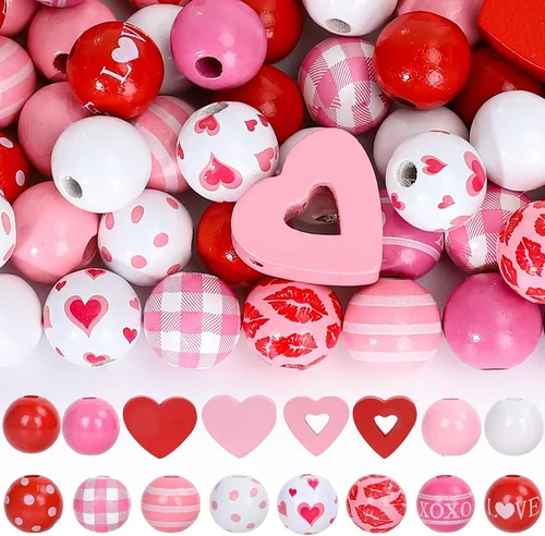 Whaline 220 cuentas de madera de San Valentín, corazones, rosa, rojo, colorido, redondo, natural, suelta, con cuerda de cáñamo, decoración de granja