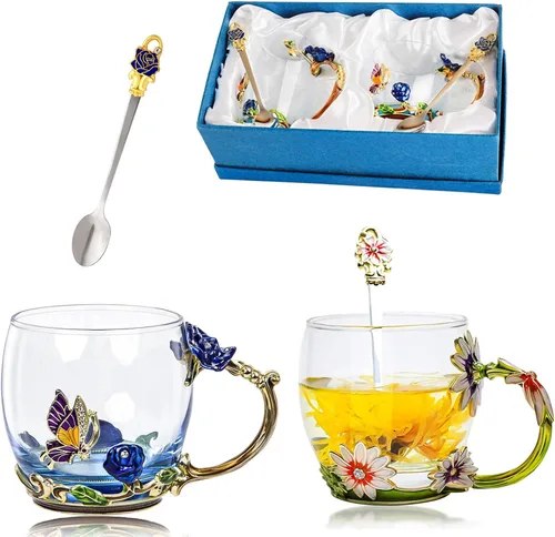 Miniatura 7 de Taza de té de vidrio para café, juego de tazas de té de lujo, cumpleaños, Navidad, día de San Valentín, idea de regalo para amantes del té y Azul