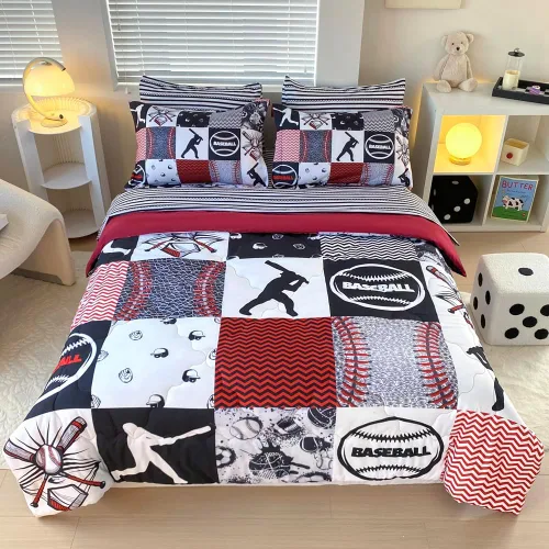 Miniatura 18 de Juego de 7 piezas de edredón deportivo de béisbol en una bolsa, tamaño Queen, ropa de cama 3D para niños, deportes de sóftbol, microfibra para todas