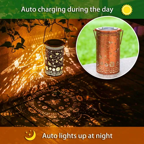Miniatura 5 de Paquete de 2 linternas solares colgantes de abejas al aire libre, impermeables, luces LED solares de metal, linternas decorativas para jardín