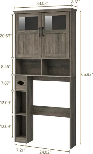 Miniatura 2 de Vabches Armario de almacenamiento sobre el inodoro con puertas dobles, soporte para papel higiénico y estante ajustable, ahorro de espacio Gris