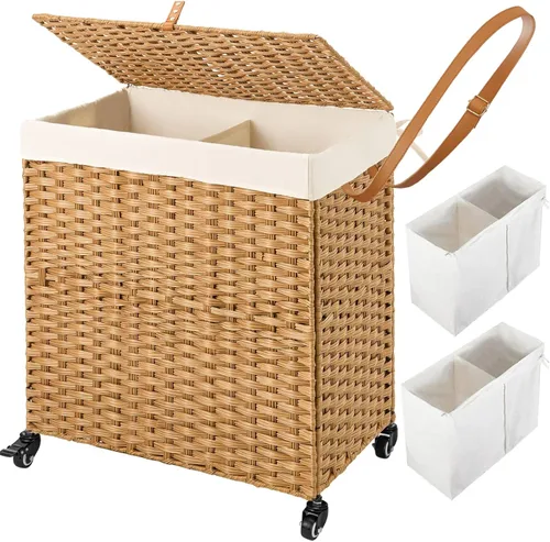 Miniatura 73 de GREENSTELL Cesta para ropa sucia con ruedas y tapa, 130 L, cesta grande de 3 secciones con 2 tipos de bolsas de forro extraíbles, 5 bolsas de malla